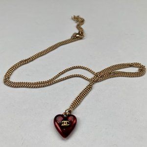 Chanel Red Enamel Heart Necklace Gold Chain